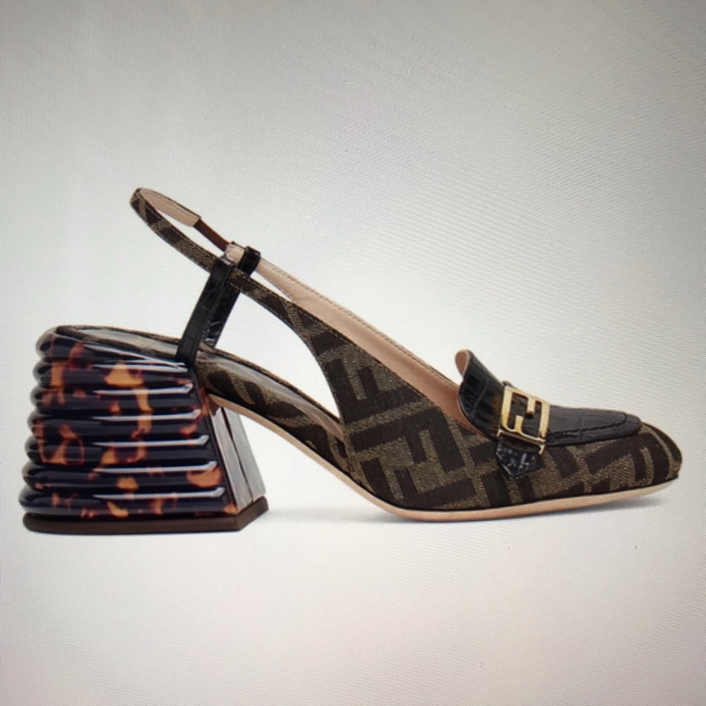 Fendi promenade FF motif fabric and croc-embossed leather slingback pump - Picture 5 of 10
